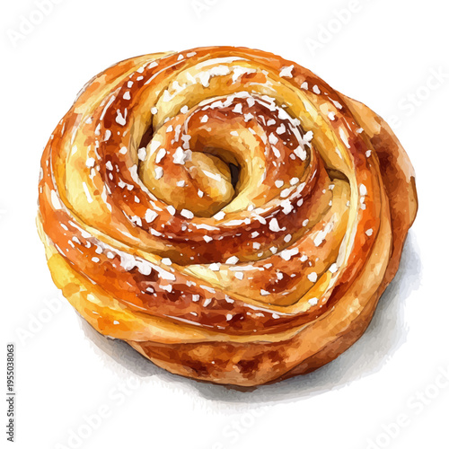 Danish Pastry, watercolor with intricate brush textures and gentle highlights, isolated on a white background.