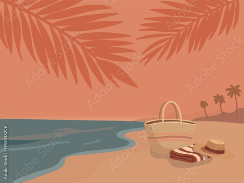 Warm minimalist beach illustration with palm leaves, sea shore, bag, hat and towel. Calm tropical atmosphere perfect for summer design, travel themes and seasonal backgrounds.