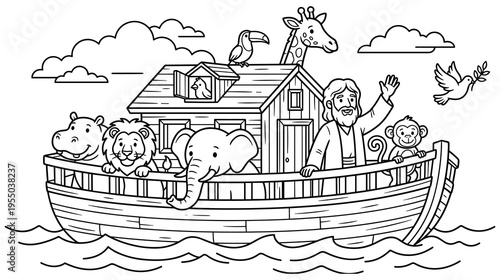 Noah ark biblical story coloring page with animals and ocean waves