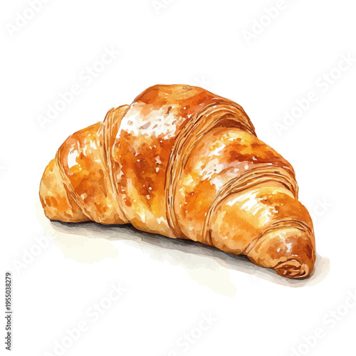 Croissant, watercolor with intricate brush textures and gentle highlights, isolated on a white background.