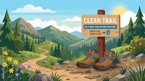 Clean Trail hiking boots and wooden sign vector illustration with scenic mountain landscape background