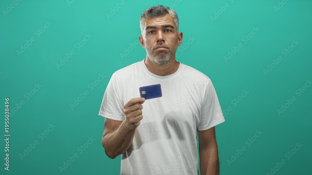 Fototapeta premium Man holds blue creditcard between fingers in a studio teal backdrop, white tshirt visible, hand raised and lips pursed showing uncertainty; financial concern.