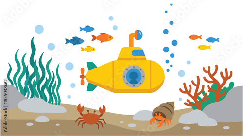 Yellow submarine exploring deep ocean bottom with coral and sea life