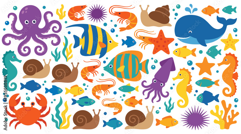 Fototapeta premium Colorful marine life stickers with funny sea animals and water drops