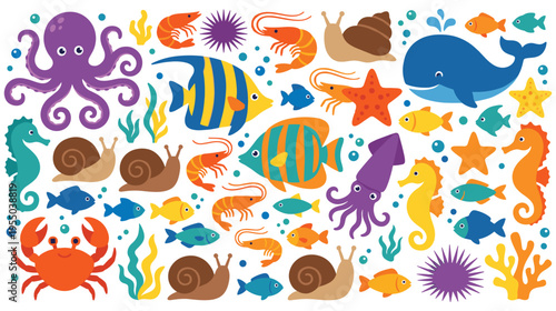 Colorful marine life stickers with funny sea animals and water drops