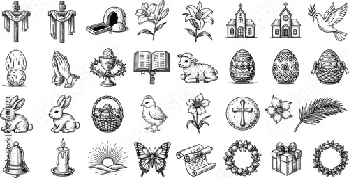 A collection of black and white line art icons representing various religious and springtime symbols for holiday decoration.