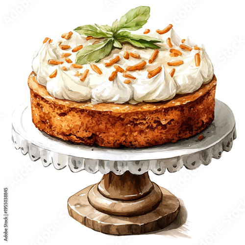 Carrot Cake, watercolor with intricate brush textures and gentle highlights, isolated on a white background.