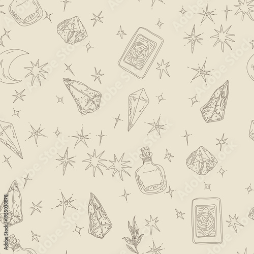 Occult pattern presenting a collection of crystals, tarot cards, magic bottles, a crescent moon, and sparkling stars, creating a whimsical enchantment for various digital and print designs