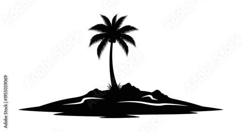 Silhouette of a Tropical Island with a Single Palm Tree