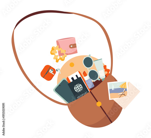 Open travel handbag with summer essentials Passport, sunglasses, cosmetics and accessories inside Flat vector illustration of vacation preparation, tourism lifestyle, holiday planning Design element