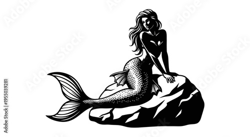 Black and White Mermaid Sitting on a Rock Illustration