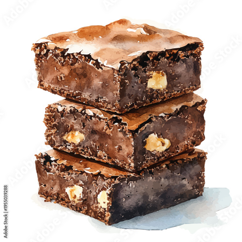Brownies, refined watercolor illustration with luminous tones and soft layered brushwork, isolated on a white background.