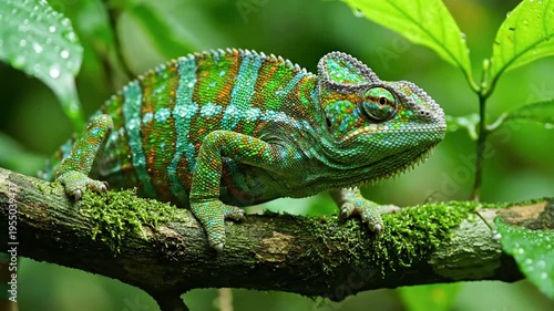 Natural light filtering through dense canopy, creating dappled shadows and highlights on the chameleon, enhancing its vibrant coloration and form. Environmental shot, emphasizing lighting and?