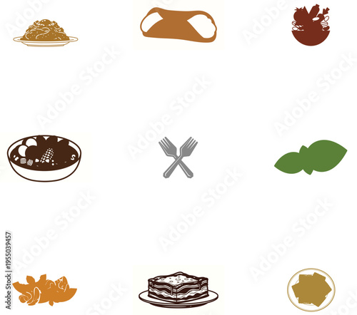 Collection of Italian Food Illustrations Featuring Pasta Cannoli Lasagna Beans Herbs and Other Delicious Dishes Represents Culinary Tradition And