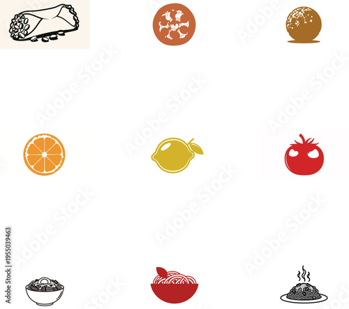 Collection of nine diverse food and drink icons including fruit vegetables and savory dishes presented on a clean white background for culinary themes