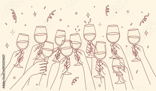 Celebrating group of friends raising wine glasses with festive confetti and stars in a simple hand drawn vector illustration