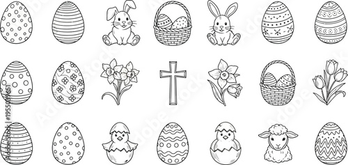 Outline icons for Easter holiday decorations including patterned eggs, bunnies, baskets, flowers, and a religious cross are arranged on a white background.
