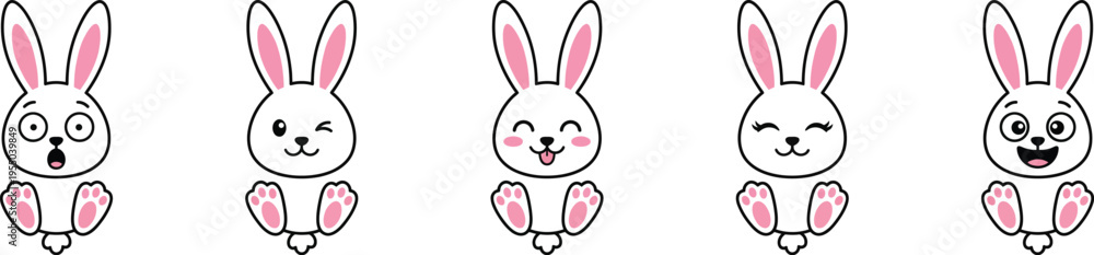 Fototapeta premium Cartoon bunnies cute rabbit characters playful expressions icons set