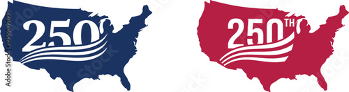 america 250th anniversary emblem featuring the national map silhouette paired with bold stylized typography and patriotic wave motifs in two solid color variations
