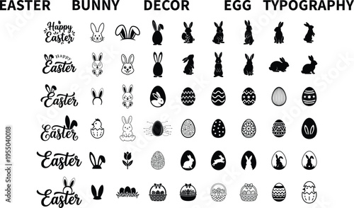 easter eggs bunny and easter decor icons Happy Easter holiday design with elegant typography, mega set collection.