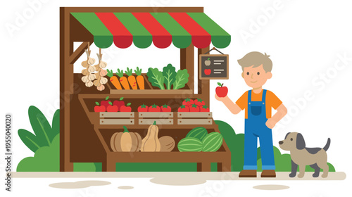 Local farmers market stall with fresh vegetables fruit and happy boy