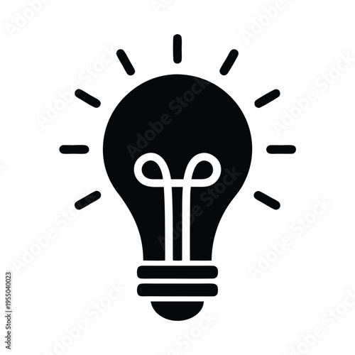 Illuminated blue light bulb symbol emits bright rays against a clean white background