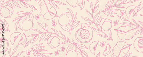 Hand drawn seamless pattern with Peach on a branch. Whimsical coastal summer illustration set.