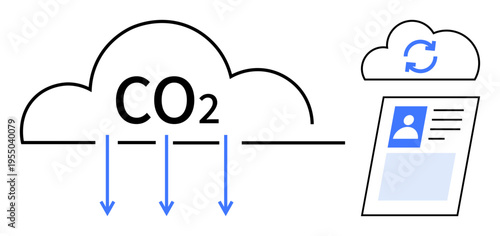 Carbon emission concept. CO2 symbol in cloud with arrows emission. Includes a linked cloud with a synchronization symbol and digital data. For sustainability, energy, carbon footprint, technology
