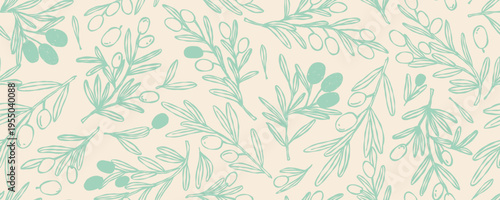 Hand drawn pattern with olives tree. Whimsical coastal summer illustration set.