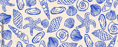 Hand drawn seashell patter. Whimsical coastal summer illustration set.