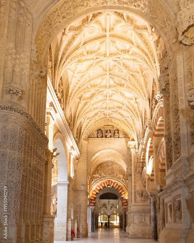 Ornate vaulted ceiling inside Mezquita Cathedral in Cordoba, Spain