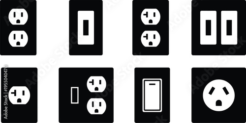 Collection of eight black silhouette icons of electrical outlets and switches on a white background Keywords: electrical outlet, power socket, wall socket, light switch, circuit breaker, electrical