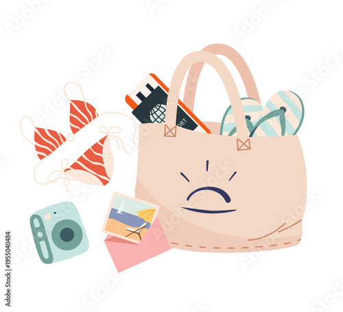 Beach tote bag with summer accessories. Swimwear, camera, tickets and travel items Flat vector illustration of seaside vacation, leisure lifestyle and holiday mood Modern design for print and branding
