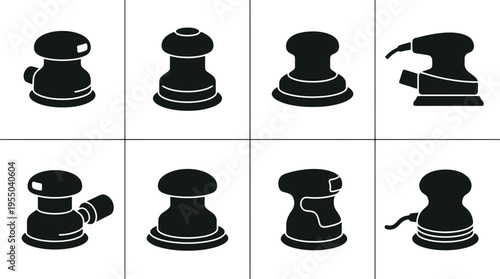 Black Silhouette Collection of Orbital Sanders on White Background Keywords: orbital sander, power tool, woodworking, carpentry, DIY, silhouette, black and white, isolated, equipment, instrument