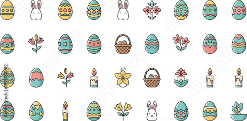 Colorful line art icons depicting various elements associated with the spring holiday of Easter are arranged in a grid pattern.