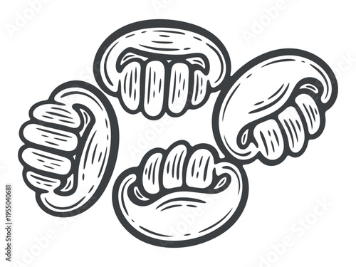 Gnocchi, Italian cuisine, lines, hand-drawn, black and white, graphic illustration, engraving isolated