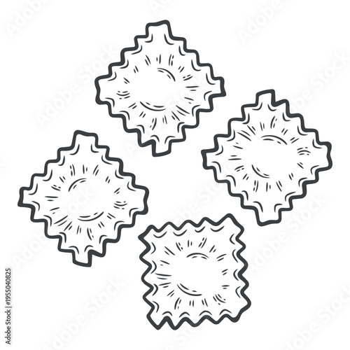 Ravioli, stuffed pasta, dumplings, lines, hand-drawn, black and white, graphic illustration, engraving isolated