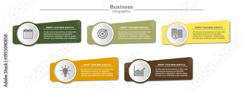Professional business infographic banners vector illustration with five stages colorful ribbons icons and text boxes for workflow layout success strategy and corporate presentation design.
