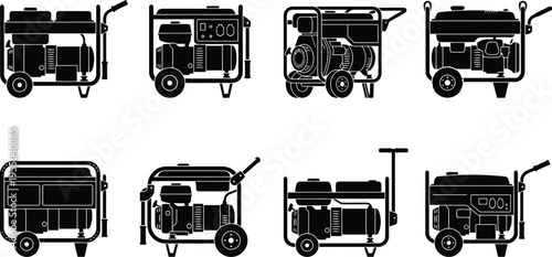 Assortment of black silhouette portable generator icons from various angles Keywords: generator, portable generator, power generator, electricity, energy, backup power, emergency power