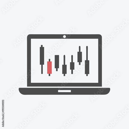 Laptop screen displays Japanese candlestick chart with one red candle amidst dark grey candles