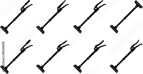 Eight Black Silhouette Icons of Telescopic Mop or Broom Handles with Cleaning Heads Keywords: mop, broom, cleaning tool, janitorial, household, sanitation, hygiene, floor care, cleaning equipment