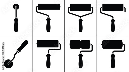 Assortment of Black Silhouette Icons Representing Paint Rollers and a Pizza Cutter on White Background Keywords: paint roller, roller brush, painting tool, decorating tool, home improvement, DIY