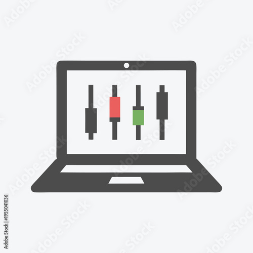Laptop display shows candlestick charts reflecting financial market activity for online trading analysis in business