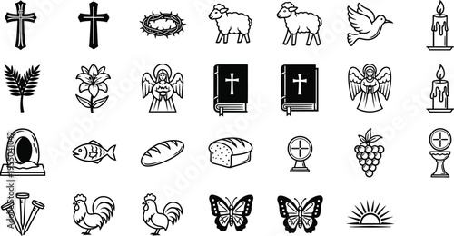 A selection of black and white religious iconography symbols including crosses, lambs, doves, Bibles, chalices, and loaves of bread are depicted.