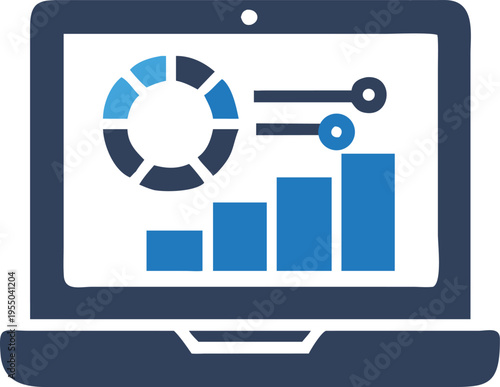 Dark blue laptop displays a light blue chart, graph, and data lines on the screen