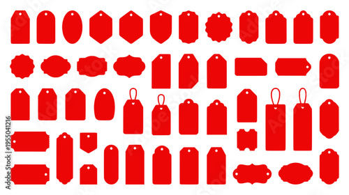 Large Set of Red Empty Price Tags Blank Label Silhouettes for Shopping and Discounts
