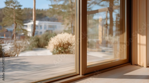 Passive house construction detail showing triple glazed window installation with thermally broken frame and airtight sealing tape application, perfect for building science, thermal performance, and