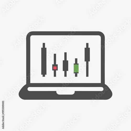 Flat laptop showcases candlestick chart with red and green bars against a white backdrop