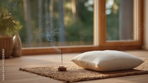 Meditation cushion placed on bare wooden floor, single incense stick burning, completely empty room except for natural fiber rug, window showing treetops, ideal for meditation space, minimalist