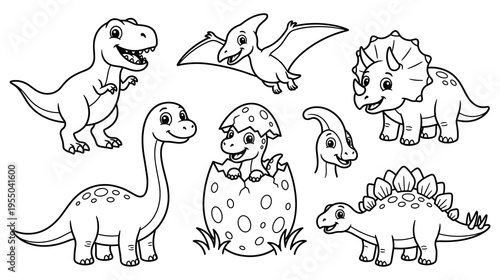 Cute prehistoric dinosaur characters set for kids coloring activity